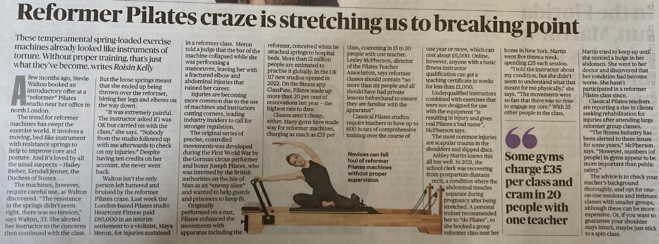 Sunday Times article — Reformer Pilates craze is stretching us to breaking point. Large group Pilates class safety risk.