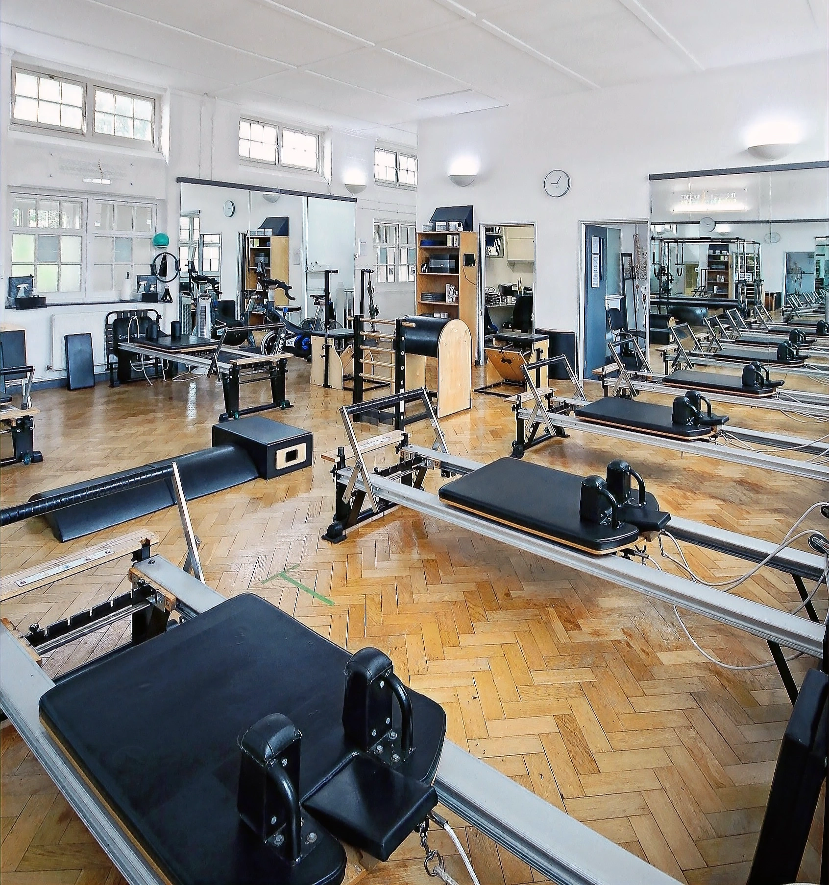 Reformers and apparatus in the Applied Pilates studio at London Colney, ten minutes up the lane from Shenley