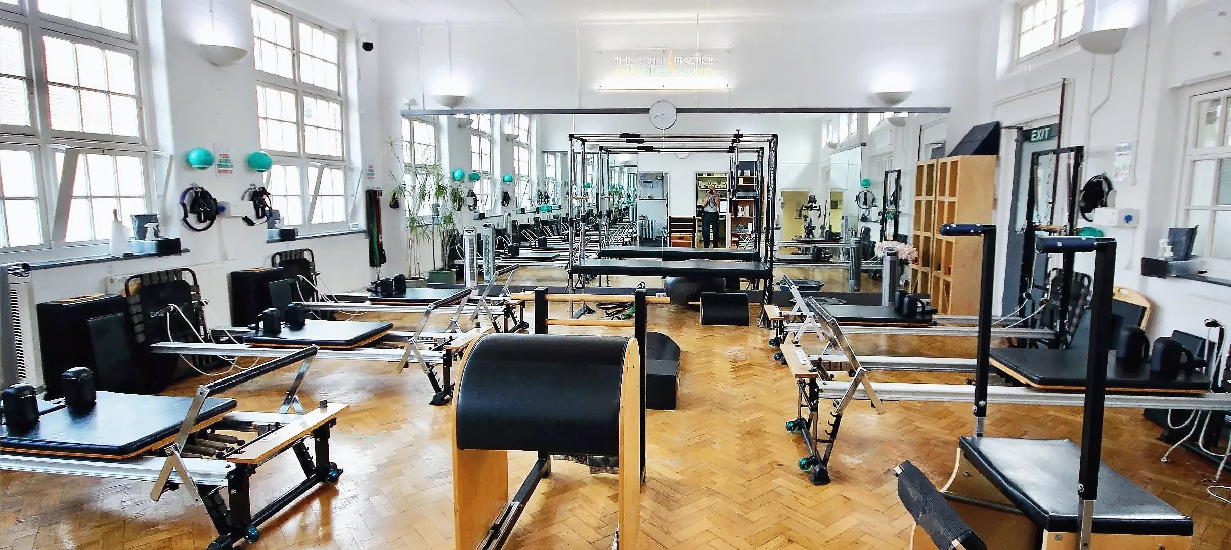 Reformers and apparatus in the Applied Pilates studio, London Colney, around fifteen minutes from Watford
