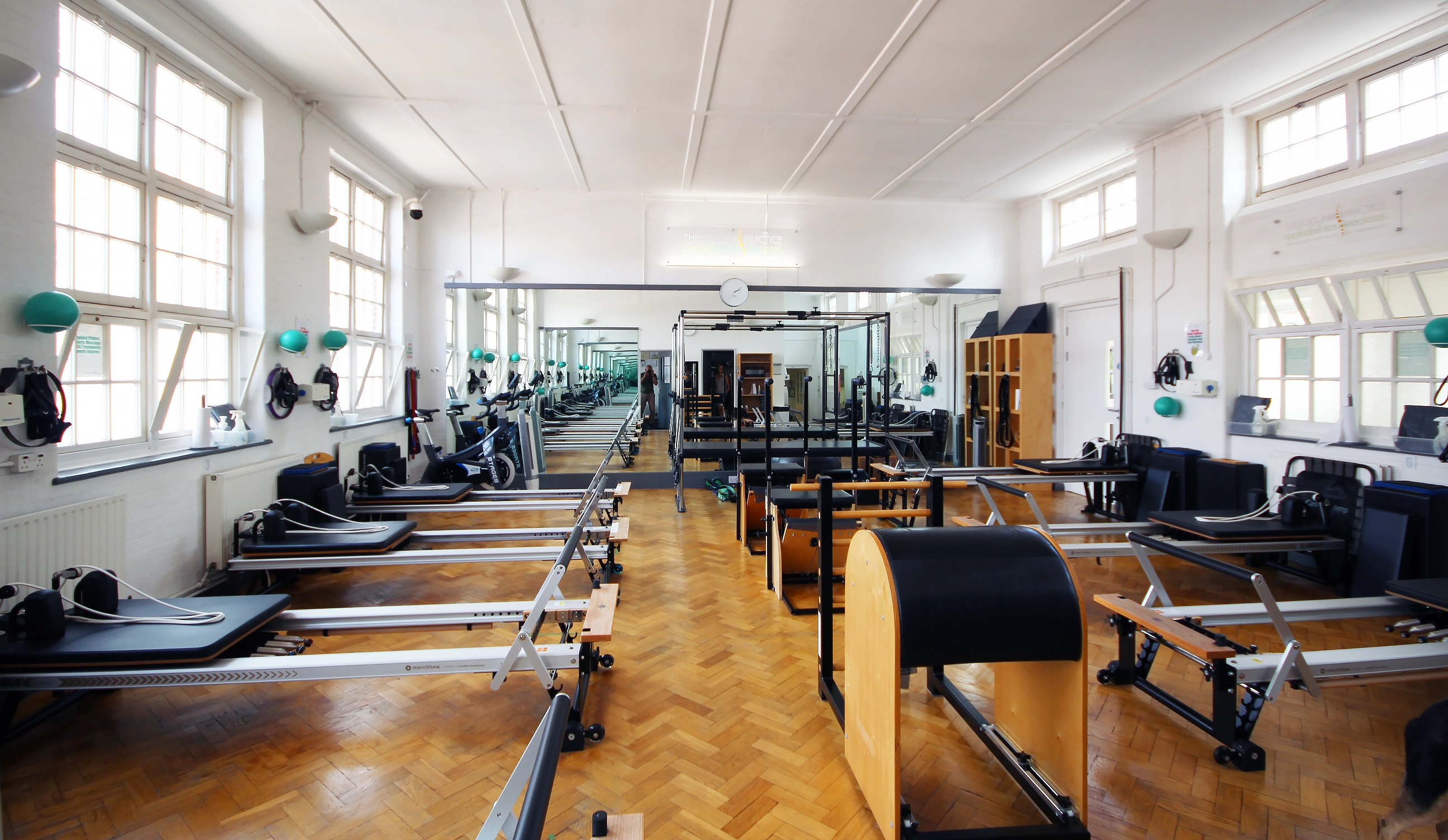 The full STOTT Pilates apparatus studio at Applied Pilates, London Colney, St Albans, with Reformers, Cadillac and Ladder Barrel