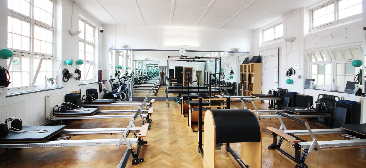 Wide view of the STOTT apparatus studio at Applied Pilates, London Colney, St Albans