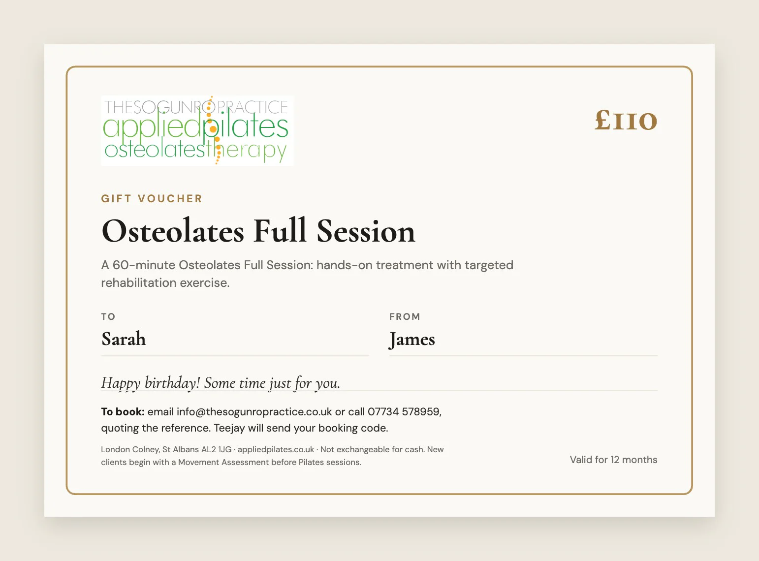Osteolates Therapy gift voucher from The Sogunro Practice, St Albans — printable Osteolates Full Session gift voucher