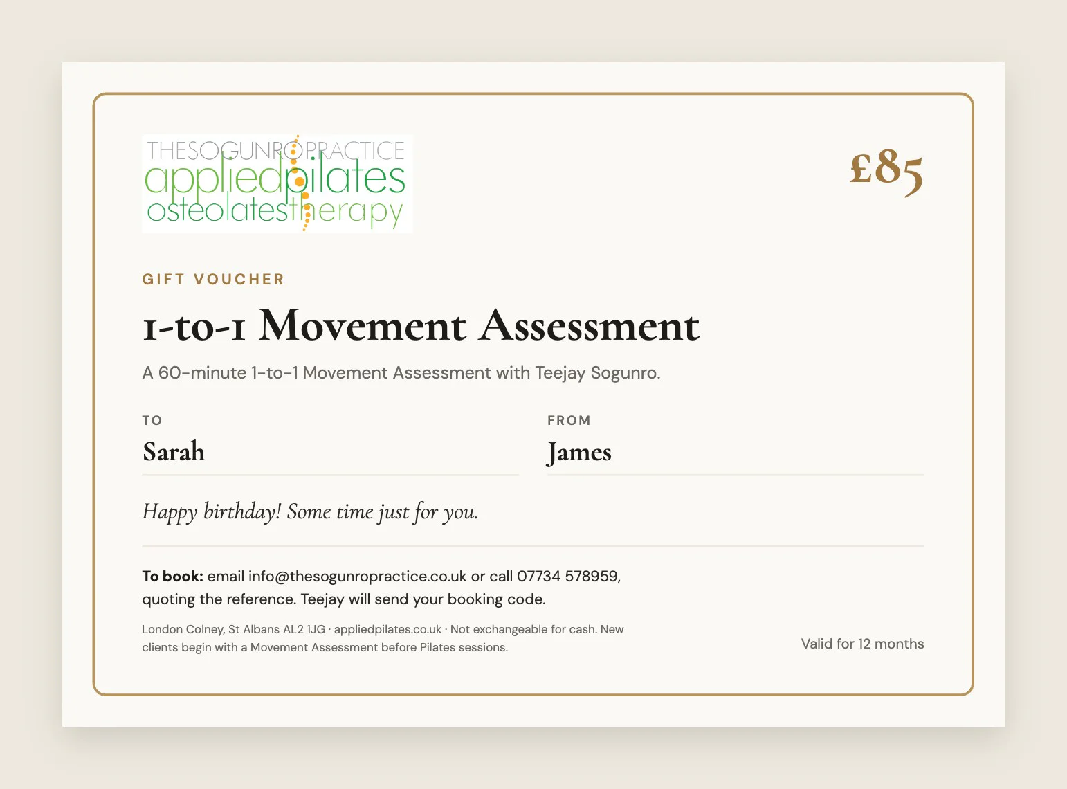 Pilates gift vouchers from The Sogunro Practice, St Albans — printable 1-to-1 Movement Assessment gift voucher
